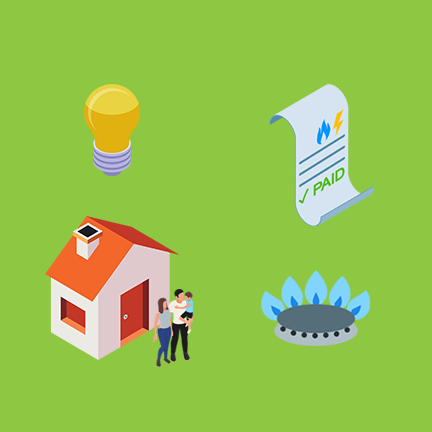 Illustration of lightbulb, paid utility bill, house with a family, and a natural gas stove burner.